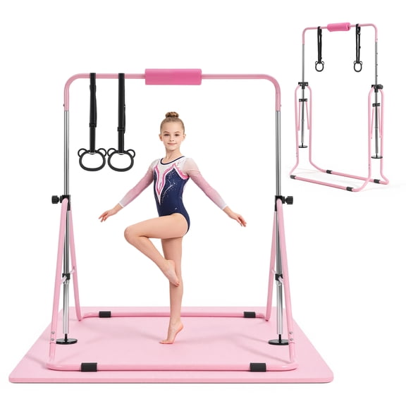 KFFKFF Gymnastic Bars for Kids, 140 lbs Capacity Folding Training Bar with Mat, Adjustable Height Horizontal Bar for Home Use, Indoor and Outdoor Training Equipment, Easy Assembly, Pink
