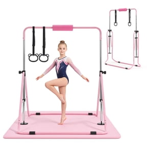 KFFKFF Gymnastic Bars for Kids, 140 lbs Capacity Folding Training Bar with Mat, Adjustable Height Horizontal Bar for Home Use, Indoor and Outdoor Training Equipment, Easy Assembly, Pink