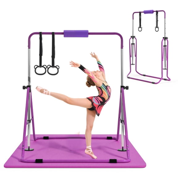 KFFKFF Gymnastic Bars for Kids, 140 lbs Capacity Folding Training Kip Bar with Mat, Adjustable Height Horizontal Bar for Home Use, Indoor and Outdoor Training Equipment, Easy Assembly, Purple
