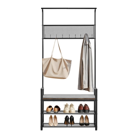 KFFKFF Hall Tree, 33 x 72 in Coat Rack with Shoe Bench, Hooks, Hanging Rod, and Wire Shelf, Entryway Coat Holder for Entry, Bedroom, Closet