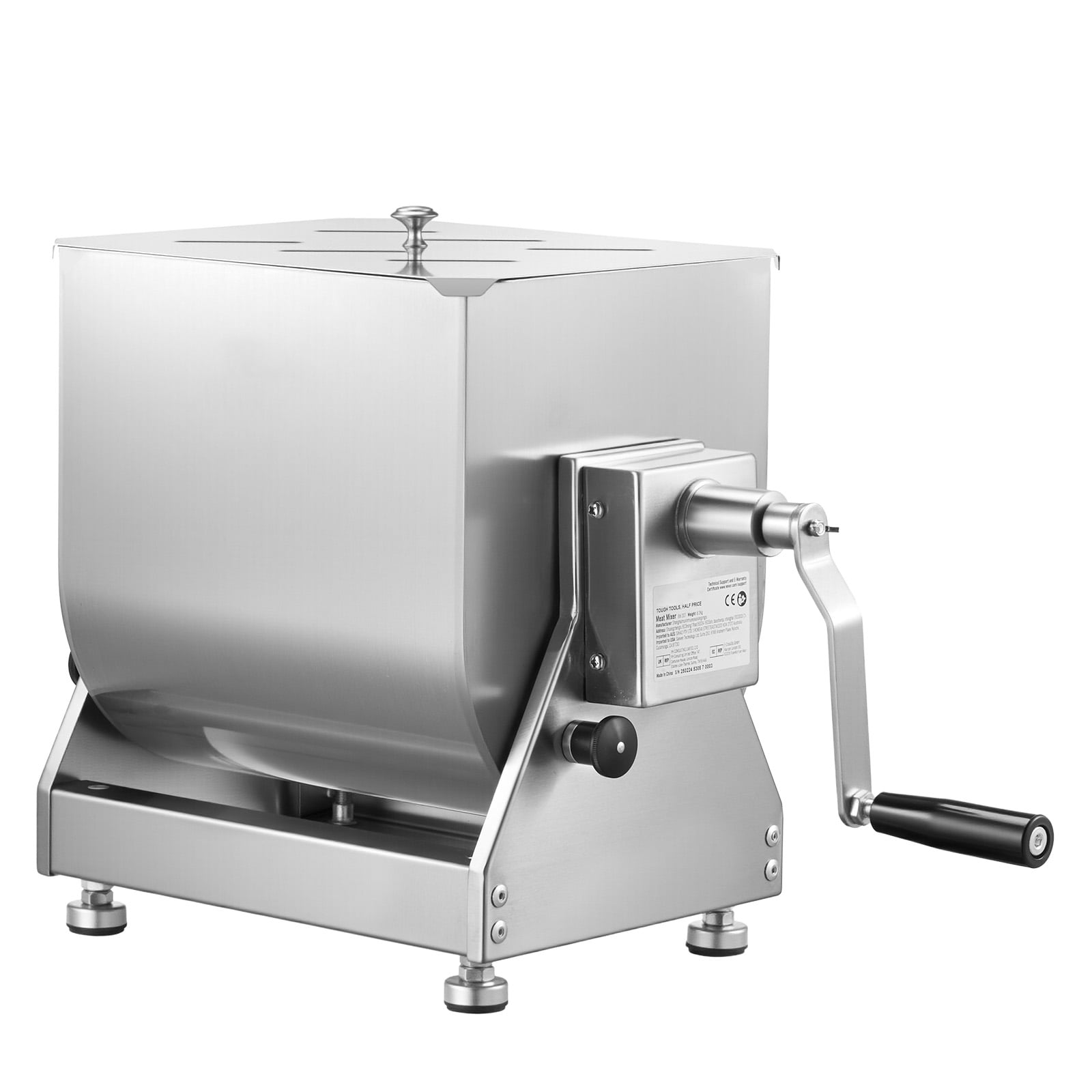 KFFKFF Hand-Operated Meat Blender, 20L Angled Container for Meat Preparation (Max 30LBS Meat Capacity), Metallic Meat Blending Device, Sausage Mixing Apparatus with Cover Handle and Gear Diminisher