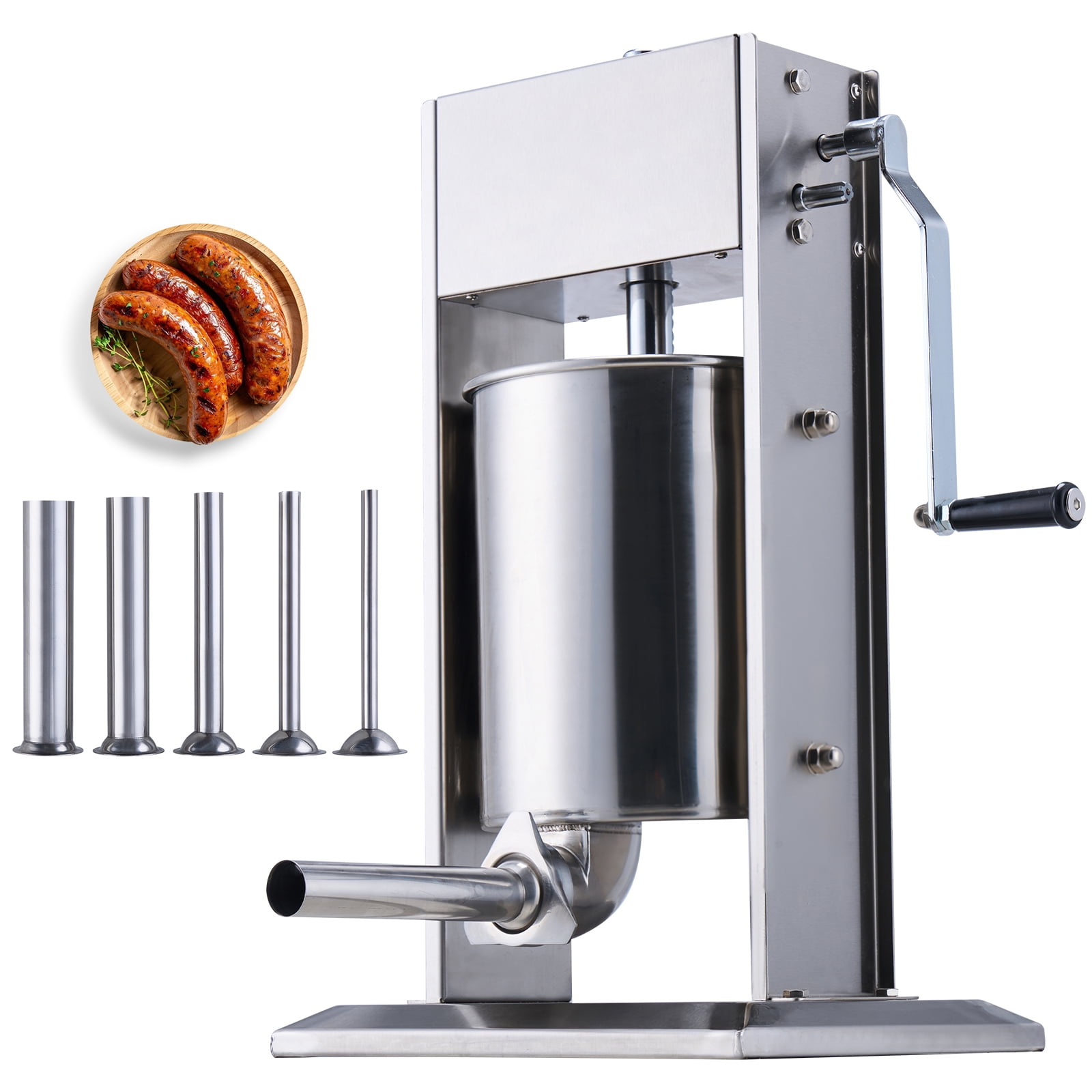 KFFKFF Hand-Operated Sausage Filler, 10 L / 22 LBS Upright Meat Filler, Two-Speed, Constructed with 304 Stainless Steel, Comes with 5 Filling Nozzles, Suitable for Domestic and Commercial Kitchens