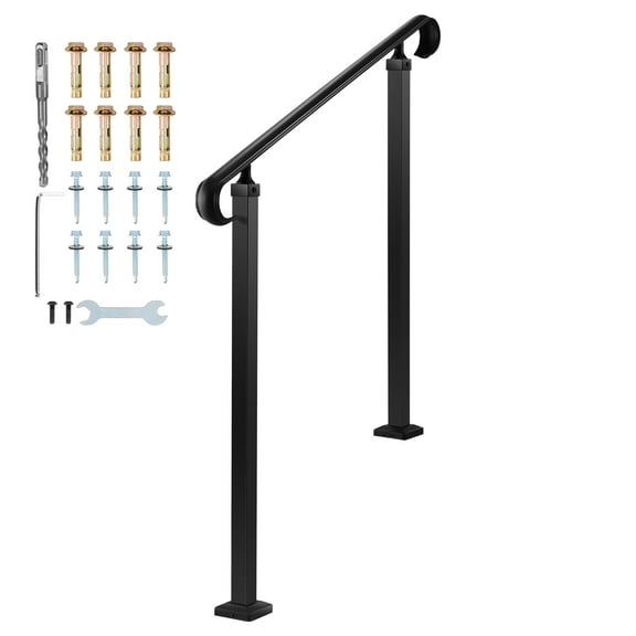 KFFKFF Handrails for Outdoor Steps, Adjustable for 2-3 Steps, Durable Carbon Steel Handrail with Installation Kit, Exterior Railings for Concrete or Wooden Stairs, Porch, Matte Black Finish