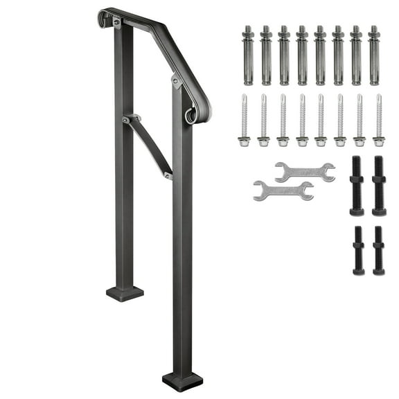 KFFKFF Handrails for Outdoor Steps, Suitable for 2 or 3 Stairs, Arch#2 Wrought Iron Stair Railing, Versatile Porch Handrail, Black Metal Railings for Concrete or Wooden Stairs