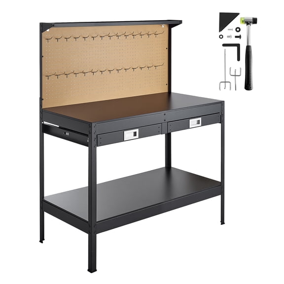 KFFKFF Hardwood Workbench with Pegboard, 242.5 lbs Capacity, 47.2-inch Durable Workbench Featuring 4 AC Outlets, 2 USB Ports, 4.9 ft Cable, 30 Hooks, and Drawer for Workshop or Garage