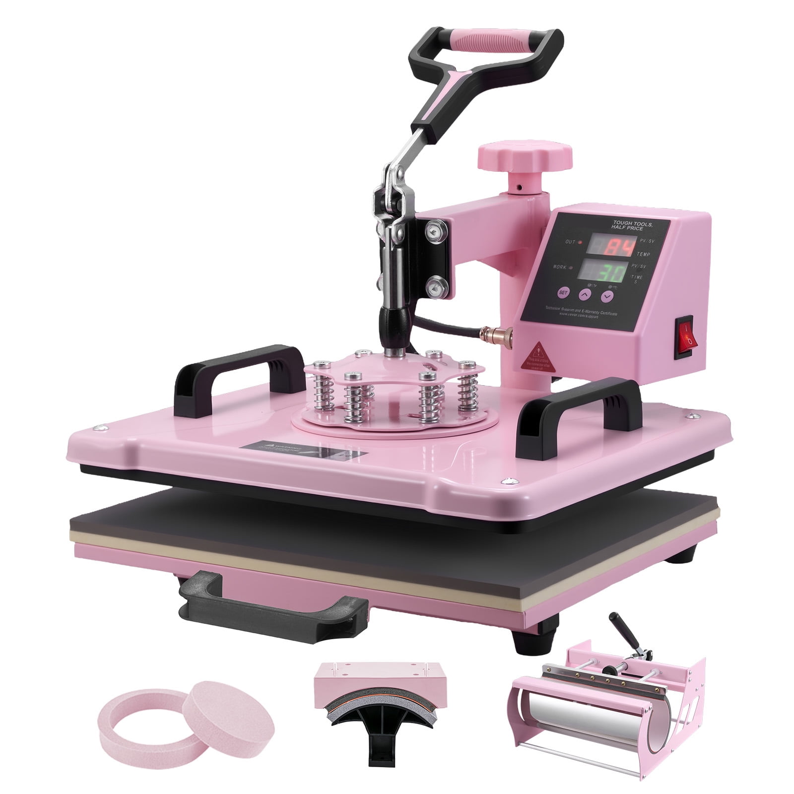 KFFKFF Heat Press, 12x15 inch, 5-in-1 Transfer Tool with 30 oz Cup Press, Swivels 360° for T-Shirt/Mug/Hat/Plate Crafting, Digital Control, Pink
