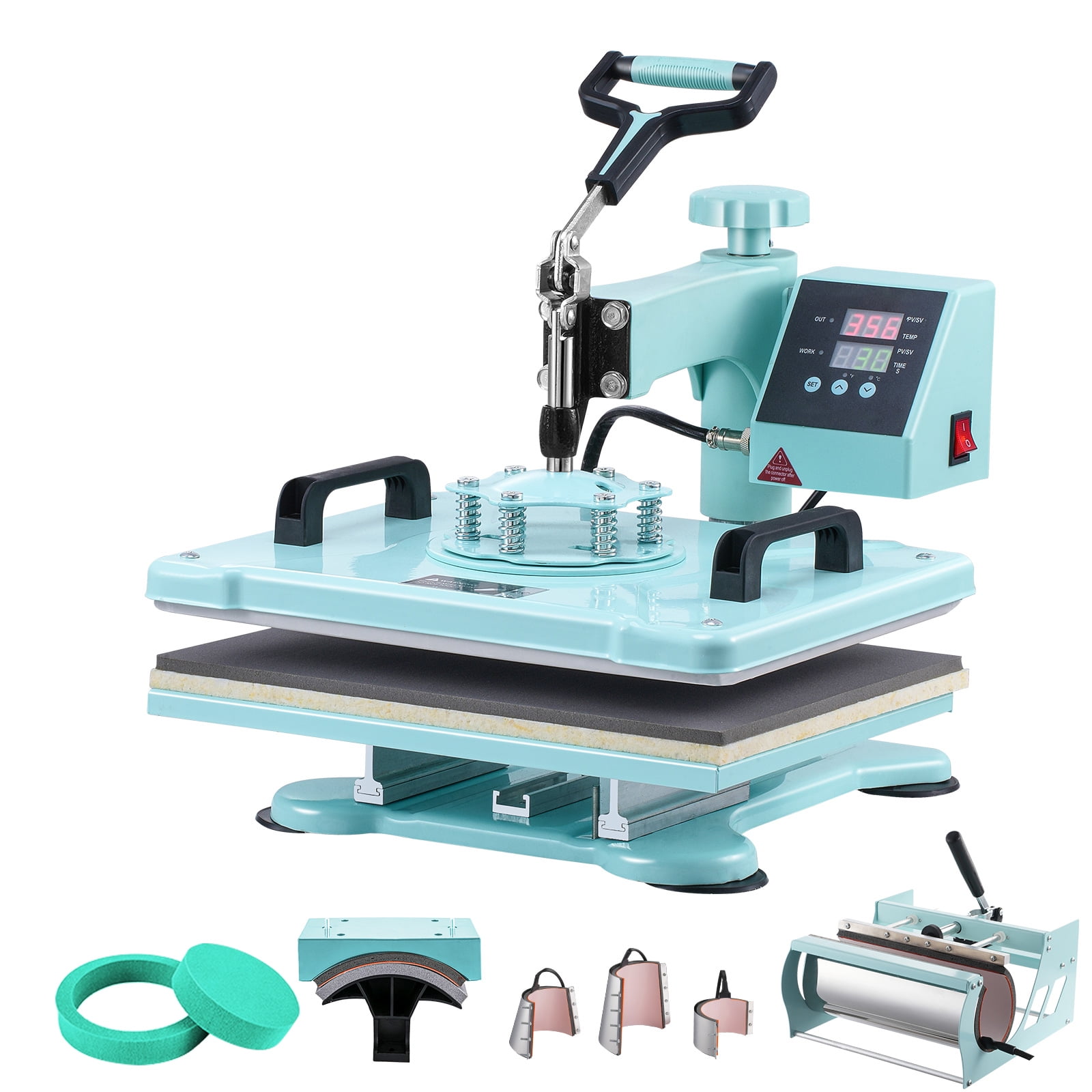 KFFKFF Heat Press, 12x15 inch, 8-in-1 Transfer Tool, Includes 6-30 oz Cup Press, 360° Rotatable T-Shirt Application, Accurate Digital Settings, for Apparel/Mugs/Caps/Dishes, Green