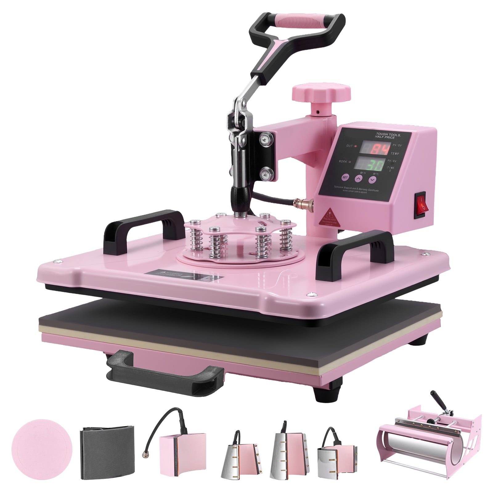 KFFKFF Heat Press, 12x15 inch, 8-in-1 Transfer Tool with Tumbler Press for 6-30 oz, Swivels 360° for T-Shirts/Mugs/Hats/Plates, Accurate Digital Settings, Pink