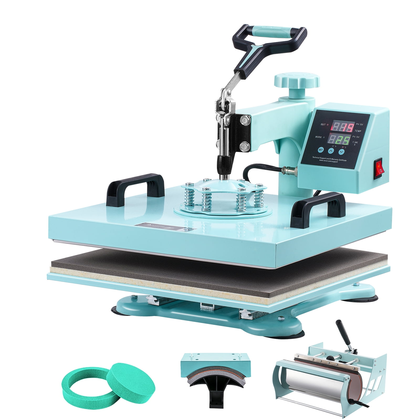 KFFKFF Heat Press, 15x15 inch, 5-in-1 Transfer Tool with 30 oz Cup Press, Swivels 360° for T-Shirt/Mug/Hat/Plate Crafting, Digital Control, Green