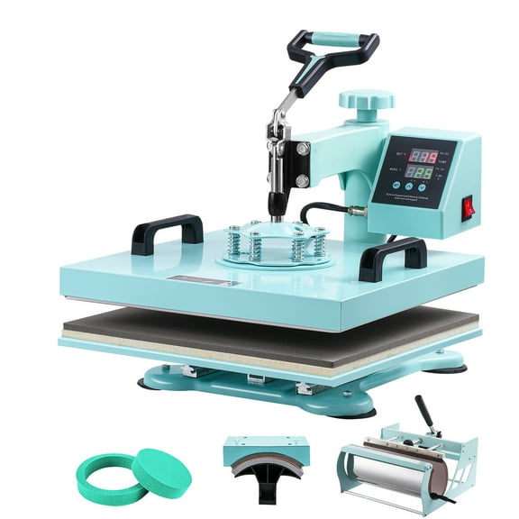 KFFKFF Heat Press, 15x15 inch, 5-in-1 Transfer Tool with 30 oz Cup Press, Swivels 360 for T-Shirt/Mug/Hat/Plate Crafting, Digital Control, Green