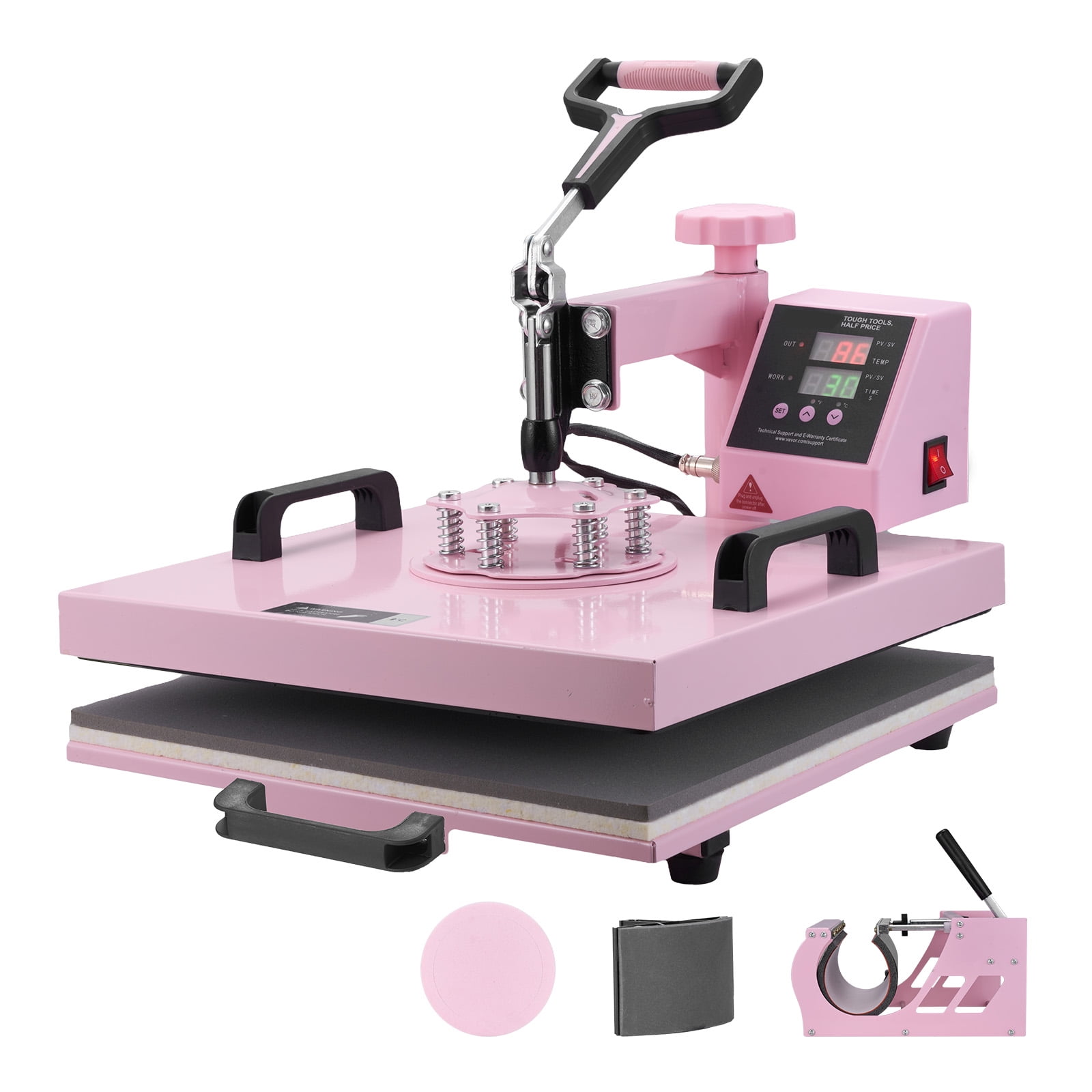 KFFKFF Heat Press Machine, 15 x 15 inch, 5-in-1 Transfer Tool with 30 oz Tumbler Attachment, 360° Swing-Away Design, Digital Control Panel, Suitable for T-Shirts, Mugs, Hats, and Plates, Pink