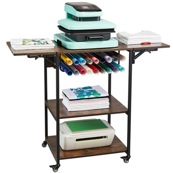 KFFKFF Heat Press Table, Triple Layer Mobile Heat Imprint Stand, Collapsible Heat Application Machine Support with Casters and Vinyl Roll Storage, Wheeled Iron Worktable
