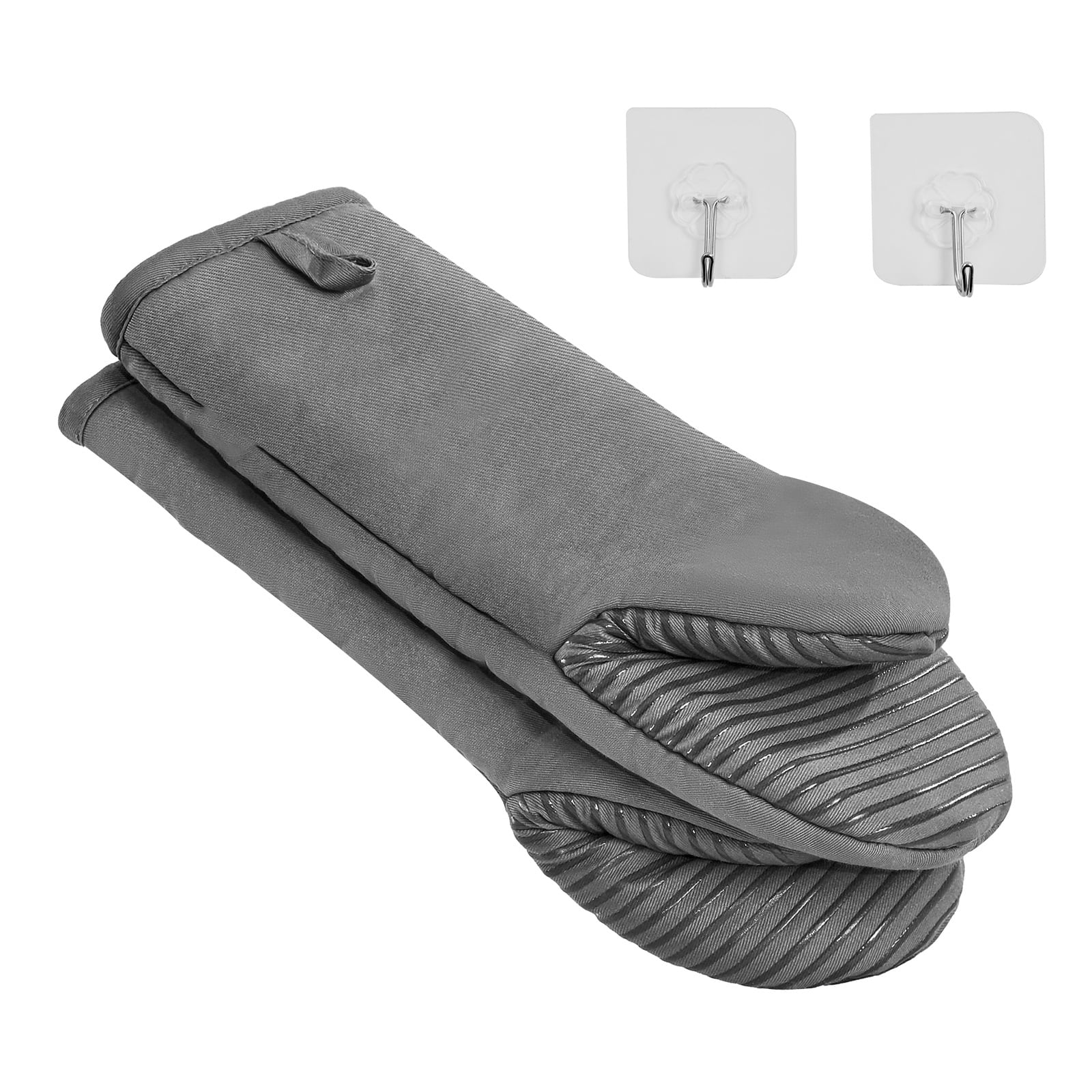 KFFKFF Heat-Resistant Oven Mitts with Silicone Grip, Cotton Baking Gloves for Temperatures up to 500, 13.07 x 6.1 inch, Includes 2 Hooks for Kitchen Use, Set of