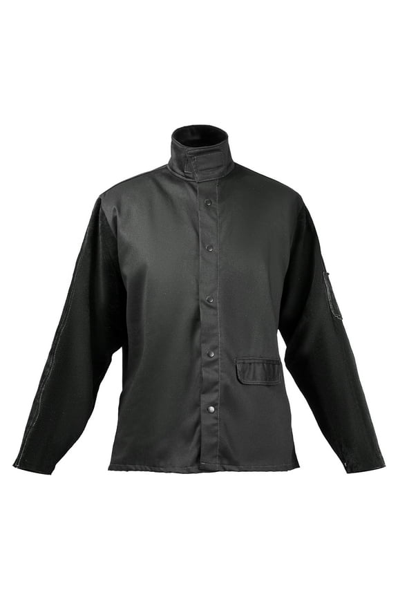 Heat-Resistant Welding Jacket - Medium, Robust Split Bovine Leather Arm Coverage + 9 oz. Flame-Retardant Cotton Torso, Welding Protection Coat with Snap Fasteners & Compartments