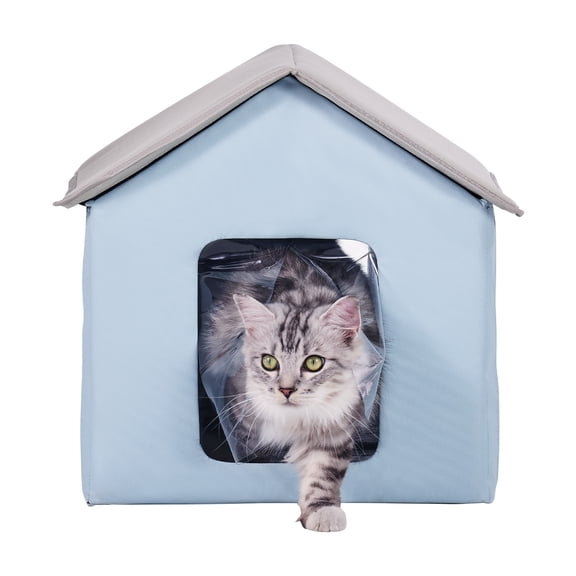 KFFKFF Heated Cat House, Outdoor Pet Shelter with Timer, 600D Oxford Cloth Foldable Kitty Shelter with Heated Pad (Blue)