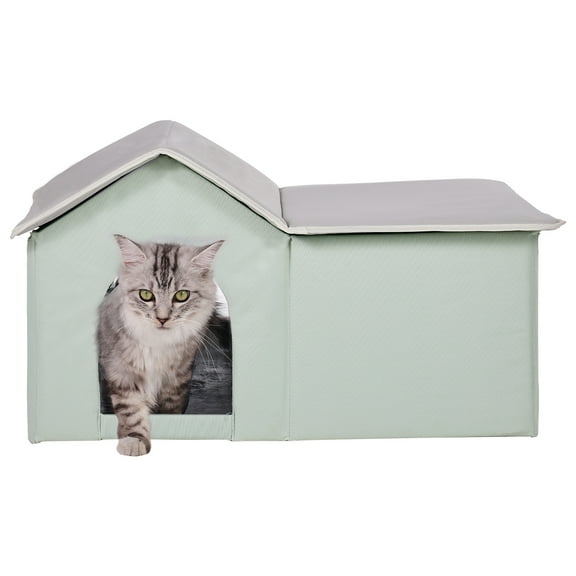 KFFKFF Heated Cat Shelter, Outdoor Pet House with Adjustable Temperature and Timer, Durable 600D Oxford Fabric Foldable Design with Heated Pad for Winter Warmth and Comfort, Green (Large)