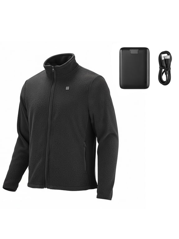 Heated Fleece Jacket for Men, Rechargeable 7.4V 16000mAh Battery, 6 Heating Areas, Adjustable Temperature Levels, Long-Lasting Warmth for Outdoor Winter Activities, Black