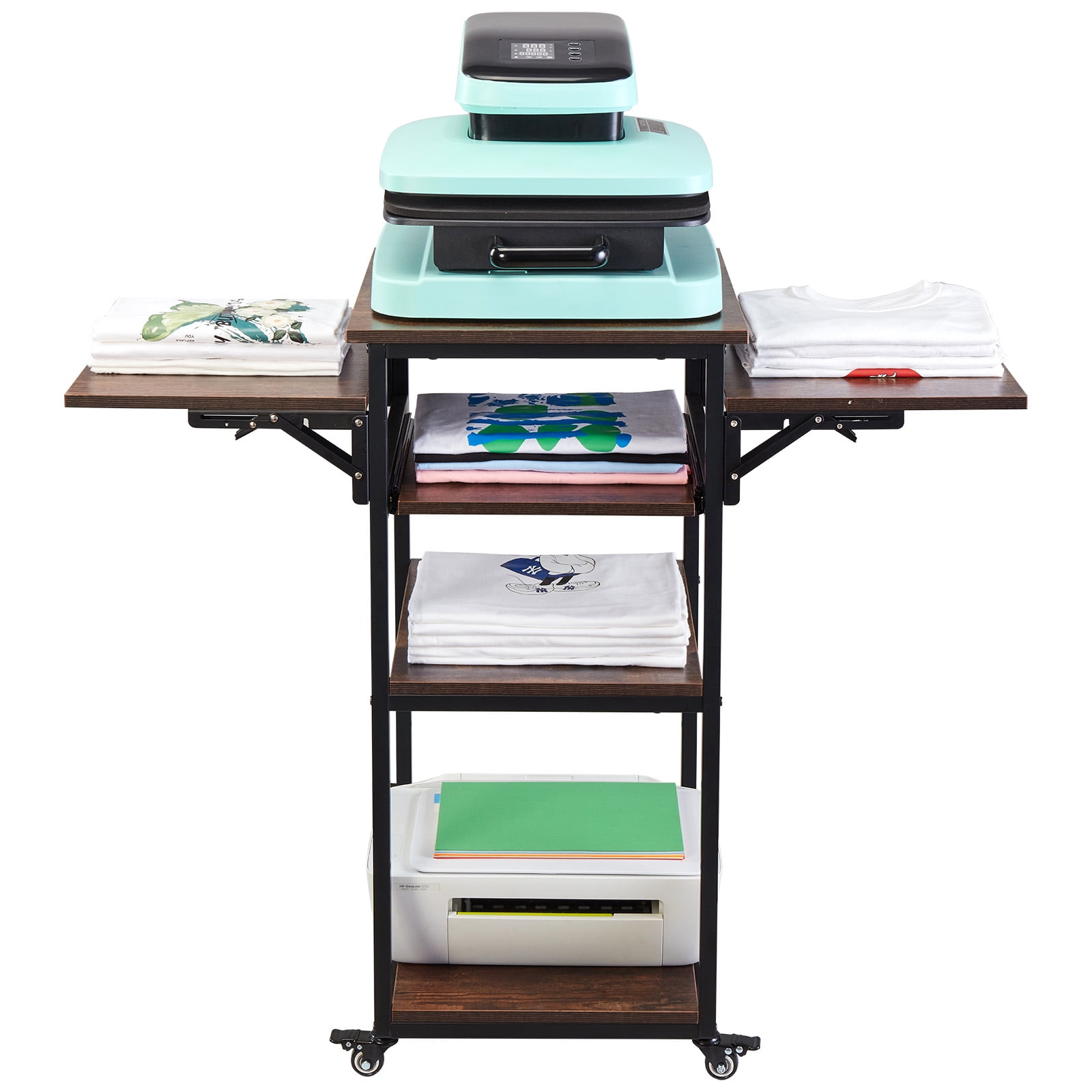 KFFKFF Heat Press Table with Power Dock, Quadruple Layer Portable Press Stand, Collapsible Heat Transfer Equipment Support with Casters, Mobile Iron Workstation for Sublimation Transfer Device