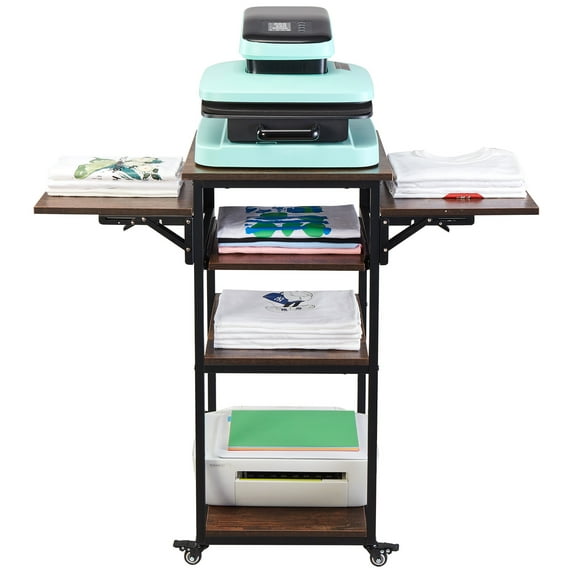 KFFKFF Heat Press Table with Power Dock, Quadruple Layer Portable Press Stand, Collapsible Heat Transfer Equipment Support with Casters, Mobile Iron Workstation for Sublimation Transfer Device