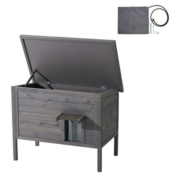 KFFKFF Heated Wooden Cat Shelter, Insulated Outdoor House for Cats, Weatherproof Feral Cat Shelter with Warming Pad, PVC Door Flap & Hinged Asphalt Roof, Suitable for 1-3 Cats in Cold Weather