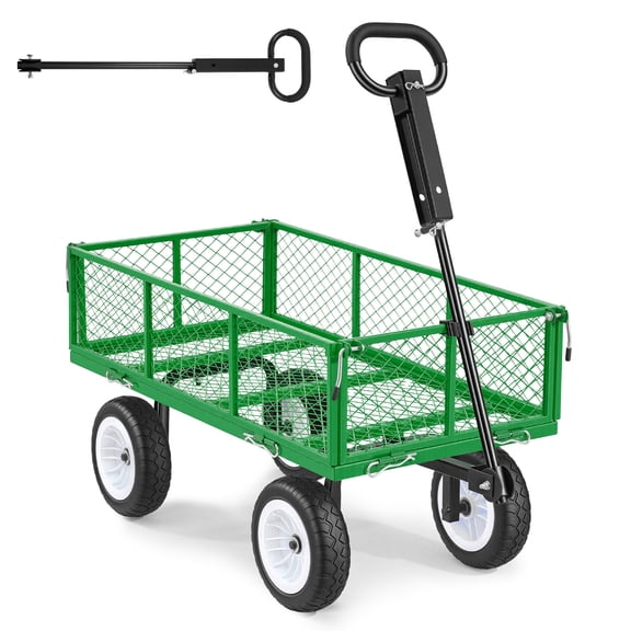 KFFKFF Heavy Duty Garden Cart, 900 lbs Capacity, Steel Yard Utility Wagon with 10-Inch Tires, Adjustable Handle, Removable Side Panels, Compatible with ATV or Tractor, Green