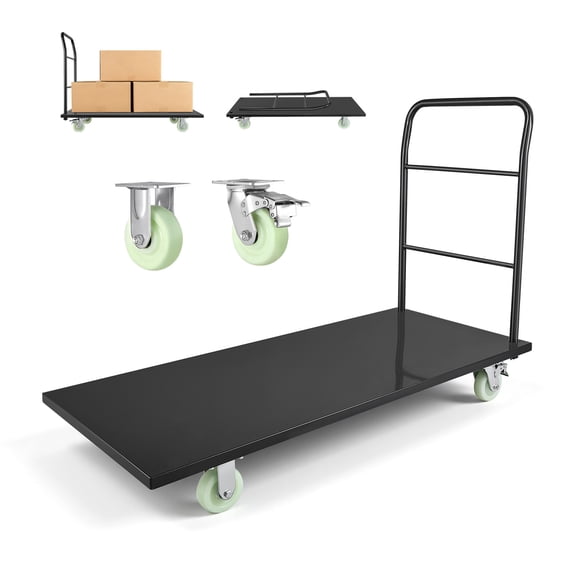 KFFKFF Heavy Duty Platform Truck, 2000 lbs Capacity, Industrial Steel Flatbed Cart with Swivel Wheels and Handle, Hand Push Dolly for Easy Storage and Luggage Transport, 60 x 27.6 x 42.9 in