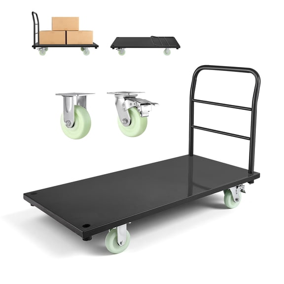 KFFKFF Heavy Duty Platform Truck, 2000 lbs Load Capacity, Industrial Steel Flatbed Cart with Swivel Wheels and Handle, Hand Push Dolly for Easy Storage and Luggage Transport, 48 x 24 x 32.1 in