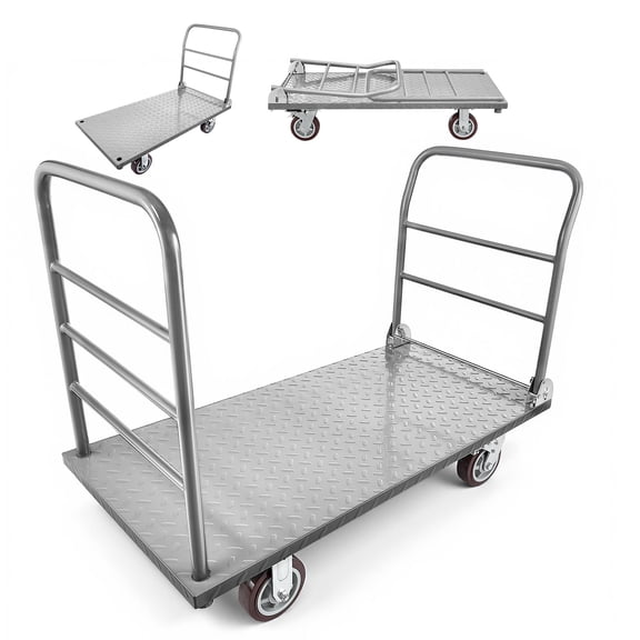 KFFKFF Heavy Duty Platform Truck, 2650 lbs Load Capacity, Flatbed Cart with Removable Guardrail and Swivel Wheels, Foldable Hand Push Cart for Groceries, Garage, Warehouse, 48 x 24 x 36.2 in