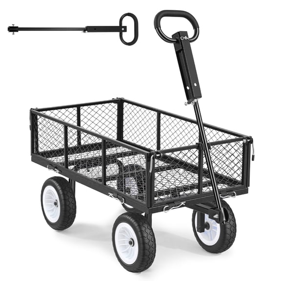 KFFKFF Heavy Duty Steel Garden Cart, 900 lbs Capacity, Utility Wagon with 10-Inch Tires, Adjustable Handle, Removable Side Panels, Compatible with ATV or Tractor, Black