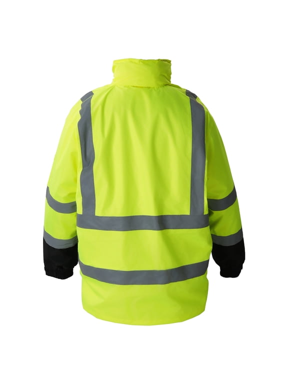 High Visibility Reflective Safety Jacket, Waterproof Work Hoodie, Construction Coat with Pockets for Men & Women, Rain Gear Compliant with ANSI & Class 3 Standards, Hi-Vis Yellow Jacket