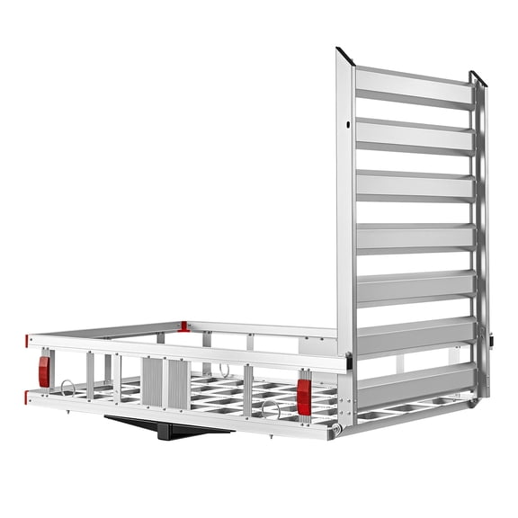 KFFKFF Hitch Mount Wheelchair Carrier, 500LBS Capacity Mobility Scooter Rack with Folding Ramp, Aluminum Cargo Basket & Stabilizer Kit, Compatible with 2" Receiver for Truck, SUV, 50" x 29.5" x 8.9"