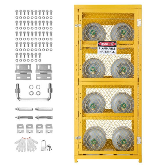 KFFKFF Horizontal Cylinder Storage Cabinet, 30"L x 30"W x 70.3"H, 8-Cylinder Capacity, 4-Tier Propane Storage Cage, with Lock and Keys, Yellow Powder-Coated Carbon Steel, Suitable for Propane