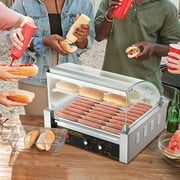KFFKFF Hot Dog Roller 11 Rollers 30 Hot Dogs, 1650W Stainless Sausage Grill Cooker Machine with Dual Temp Control Glass Hood Acrylic Cover Bun Warmer Shelf Removable Drip Tray