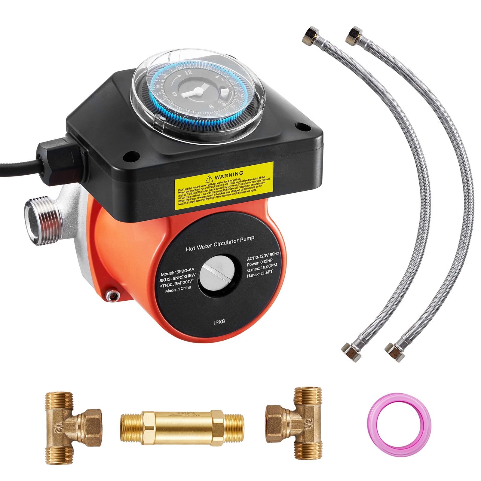 KFFKFF Hot Water Recirculating Pump with Timer, Bypass Valve, and Stainless Steel Head, 0.13 HP 110-120V Circulation System for Tank Water Heaters