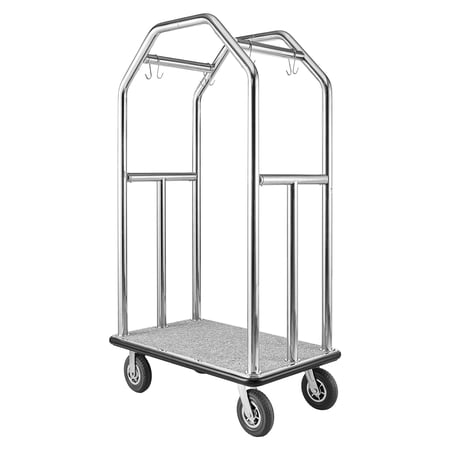 KFFKFF Hotel Luggage Cart, 1500 lbs Capacity Heavy Duty Bellman Trolley with Stainless Steel Frame, 8-inch Rubber Wheels, Gray Carpeted Platform, Commercial Rolling Carrier for Hotels, Silver