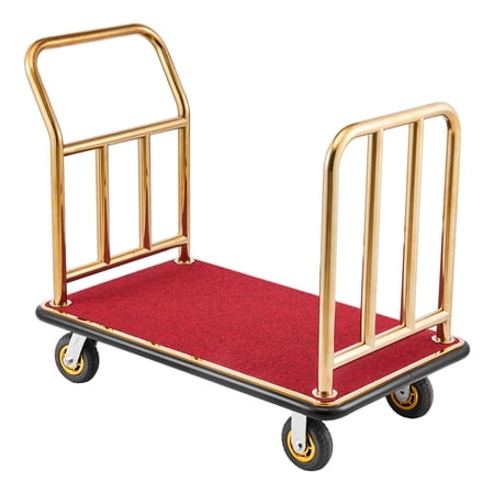 KFFKFF Hotel Luggage Cart, 750 lbs Capacity Heavy Duty Bellman Trolley with Stainless Steel Frame, 6-inch Rubber Wheels, Red Carpeted Platform, Commercial Rolling Carrier for Hospitality and Resorts
