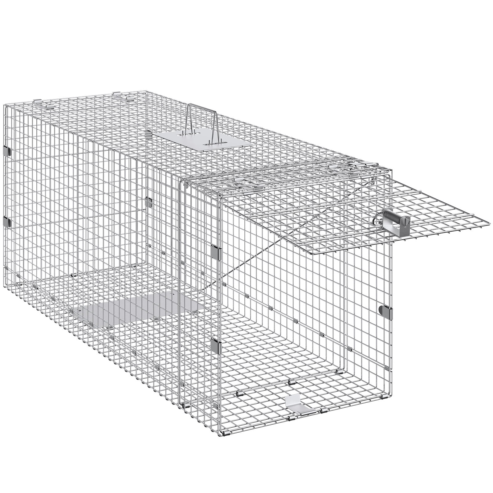KFFKFF Humane Animal Trap, 42" x 16" x 18", Foldable Cage for Capturing Squirrels, Mouse, Raccoons & More, Made of Durable Galvanized Iron with Carrying Handle