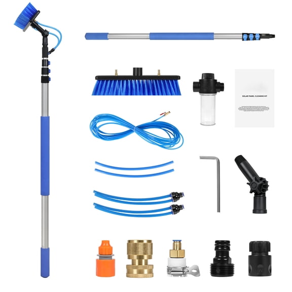 KFFKFF Water Fed Pole Kit, 12FT Solar Panel Maintenance Stick with Adjustable Grip, 180 Swiveling Scrub Head & 65.6FT Tubing, Domestic & Exterior Glass Cleaning Equipment