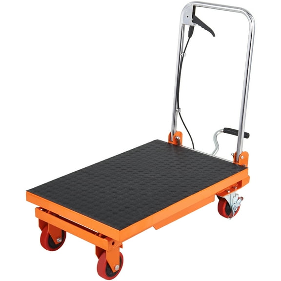 KFFKFF Hydraulic Lift Table Cart, 330lbs Capacity, 28.5" Max Height, Manual Single Scissor Lift with Wheels and Non-slip Surface for Material Handling and Transport