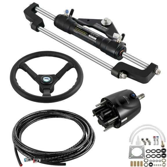 KFFKFF Hydraulic Marine Steering Set, 300HP Hydraulic Navigation System with Helm Pump, Cylinder, Wheel, 24 Feet Hose and Hydraulic Seal Kit, Resistant to Corrosion Boat Steering Kit