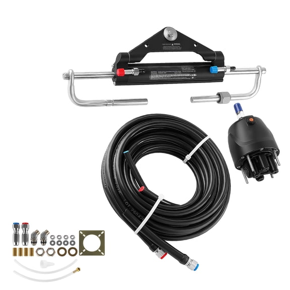 KFFKFF Hydraulic Steering Kit for 150HP Outboard Engines, 20 ft Marine Steering System, 2.5 MPa Helm Pump, Two-Way Lock Cylinder, Durable 20-Foot Hoses, Designed for Single-Engine Applications
