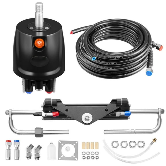 KFFKFF Hydraulic Steering Kit for Marine Boats, 150 HP Capacity, Includes Helm Pump, Two-Way Lock Cylinder, and Durable 24ft Hoses, Designed for Single Station and Single-Engine Applications