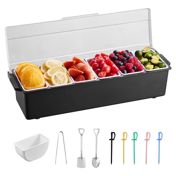 KFFKFF Ice Cooled Condiment Serving Container with 6 Compartments, Chilled Server for Fruits and Vegetables, Plastic Garnish Station with Lid, Ideal for Bartending and Taco Restaurant Supplies