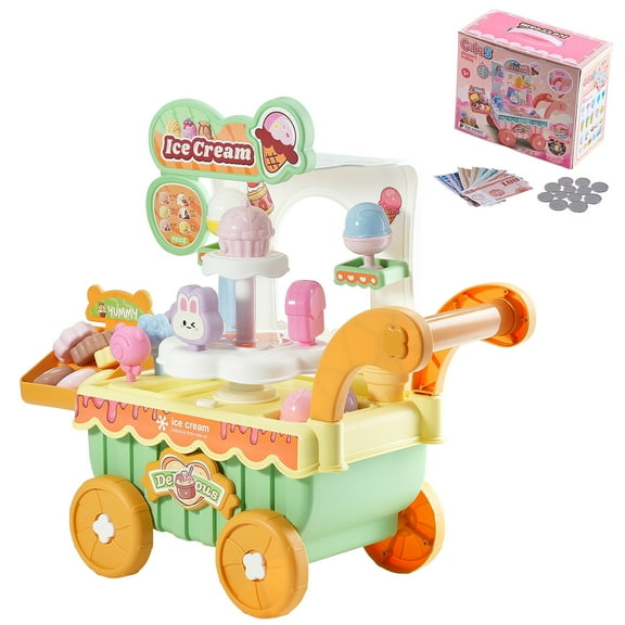 KFFKFF Ice Cream Cart for Kids, 27-Piece Accessory Set, Pretend Play Store with Storage Trolley, Includes Play Money, Sound & Light Features, Montessori-Inspired Ice Cream Truck Toy for Ages 3+