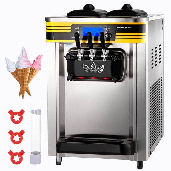 KFFKFF Ice Cream Machine for Commercial Use, 22-30L/H Production, Countertop Model with Dual 6L Hoppers & 2L Cylinder, Digital Display, Alert System for Low Mix, Ideal