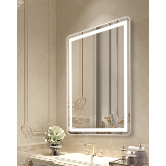 KFFKFF Illuminated Bathroom Mirror, Dimensions 28" x 36", Equipped with Front and Rear Lighting, Anti-Condensation Memory Mirror with Illumination, Adjustable 3 Shades of Light Temperature