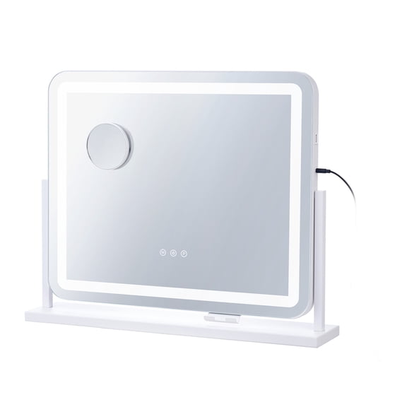 KFFKFF Illuminated Cosmetic Mirror, Trio Lighting Modes Hollywood Style Vanity Mirror, LED Makeup Mirror with Illumination, Plus 5X Zoom,USB Slot,Intelligent Touch Command (21.7x17.7 inches, White)