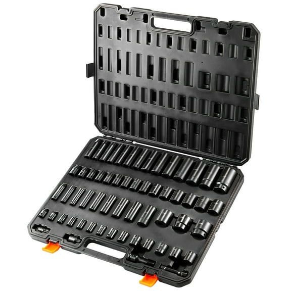KFFKFF Impact Socket Collection, 59PCS, Dual Drive (3/8" & 1/2"), SAE (5/16"-1-1/4") & Metric (6-32mm) Sizes, 6-Point, Chrome Molybdenum Steel, Auto Maintenance, Clear Labels, Durable