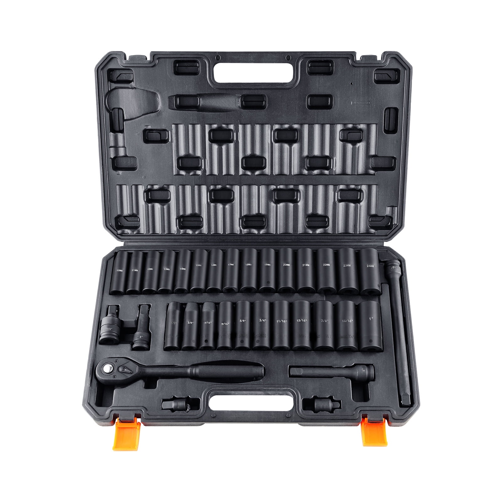 KFFKFF Impact Socket Set 33 pcs, 1/2" Drive, SAE 3/8"-1" & Metric 10-24mm, 6-Point, Cr-V Steel, for Vehicle Maintenance, Clear Markings, Durable, Comes with Case