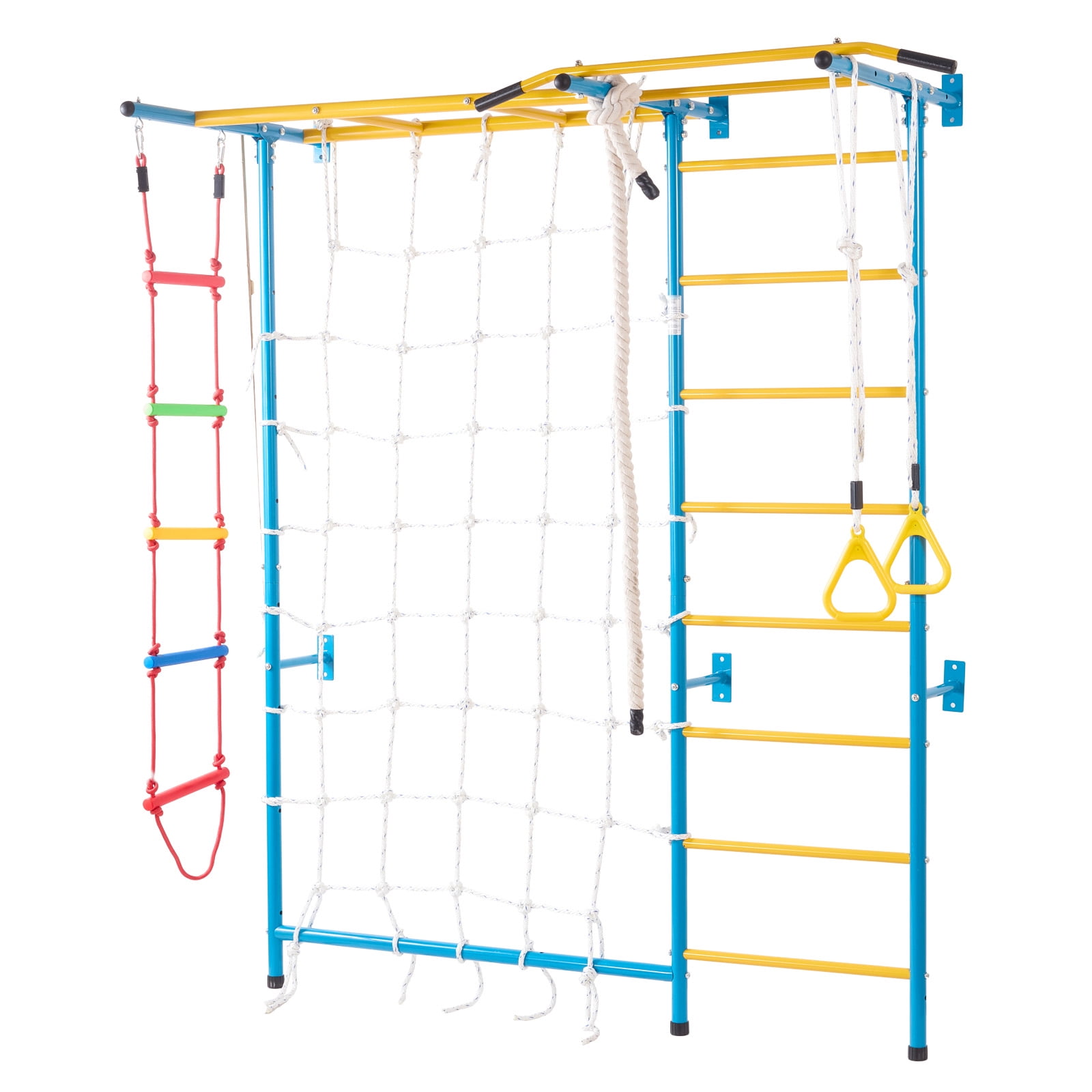KFFKFF Indoor Play Equipment for Young Kids, 7-Feature Climbing Structure with Carbon Steel Swedish Steps, Wall Steps, Chin-Up Bar, Cord Steps, and Athletic Loops, Holds up to 220 lbs, Various Colors